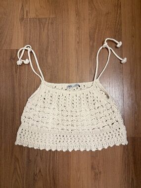 Zara Cream Crochet Tie-Strap Crop Top